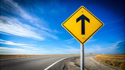Clear blue sky background with a solitary yellow and black right-turn arrows traffic sign standing on a gray asphalt road.