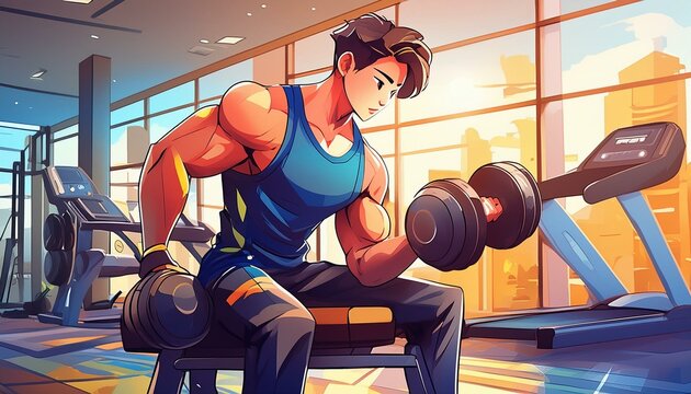 A young gym man exersise arms Incline Dumbbell Curl, awesome hot hair style