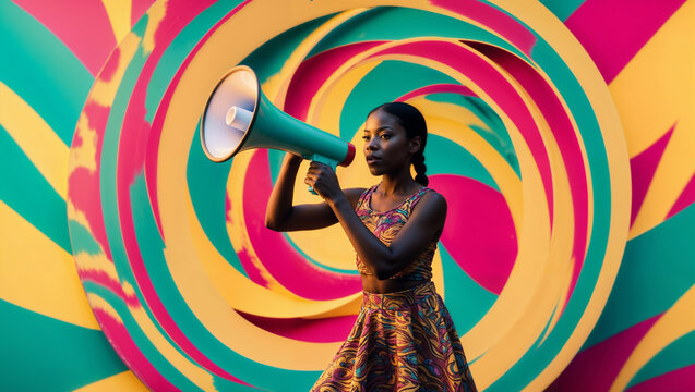 Ragazza di origini africane con megafono su sfondo colorato multicolore