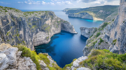 Breathtaking view of rugged coastal cliffs and crystal-clear azure waters, featuring lush greenery and serene natural beauty