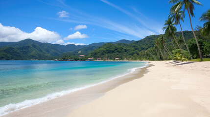 Stunning tropical beach featuring clear blue water, white sandy shores, and tall palm trees, with lush green mountains in the background