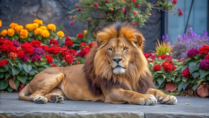 A majestic lion lies relaxed amidst vibrant flowers and lush greenery in a serene and idyllic garden setting alone.