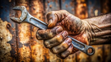 Close-up of a greasy mechanic's hand giving a thumbs up while holding a rusty wrench against a grimy workshop backdrop.