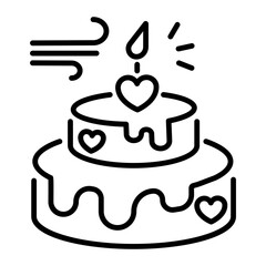 An outline style icon of valentine cake with burning candle 