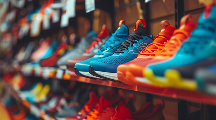 Running sport footwear shoes collection in a store shop. Choosing from many different sneakers on a shelf