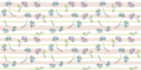 Beautiful summer or spring flowers on a soft striped background with dots. Abstract floral endless texture. Vector seamless pattern for wrapping paper, giftwrap, surface texture or printing on clothes