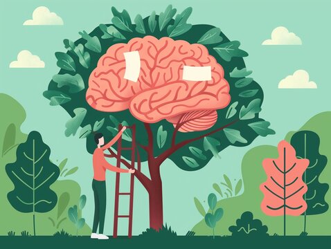 Illustrated concept of mental health care with a person tending to a large bandaged brain in nature