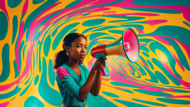 Ragazza di origini africane con megafono su sfondo colorato multicolore