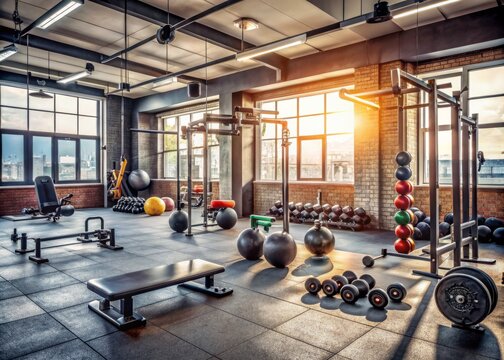 Empty modern gym with various exercise equipment, dumbbells, and kettlebells scattered around, conveying a sense of intense workout session recently concluded.