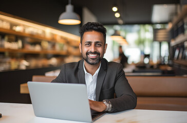 Fototapeta premium Confident Businessman Smiling While Working On A Laptop In A Modern Coffee Shop With A Bright Atmosphere