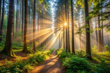 Obraz premium Majestic sunbeams filter through towering trees, illuminating a serene misty trail, surrounded by vibrant greenery, in a dense forest, awaiting the next adventure.