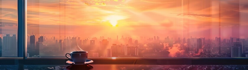 Obraz premium Morning coffee, balcony, cityscape, peaceful, sunrise, tranquility close up, focus on, copy space serene and warm colors, Double exposure silhouette with morning sky