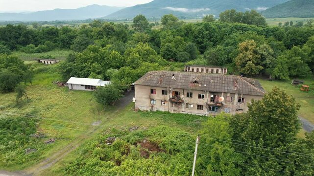 4K: Aerial view of an abandoned house in the eastern region of Georgia