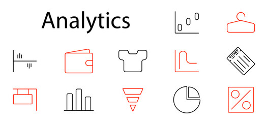 Analytics set icon. Graph, chart, data, statistics, wallet, ticket, hanger, percentage, funnel, bar, pie, growth, measurement, metric, report, visualization, analysis, trend, comparison, tracking.