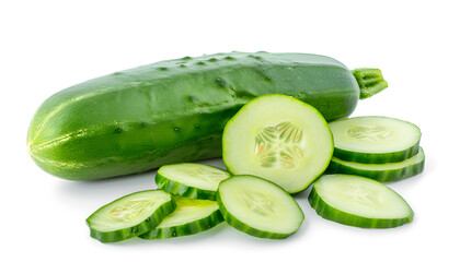 Whole and cut long cucumbers isolated on white