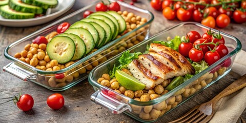 Freshly prepared healthy lunch in ecofriendly glass containers filled with chickpeas, grilled chicken, cherry tomatoes, sliced cucumbers, and ripe avocados on rustic beige background.