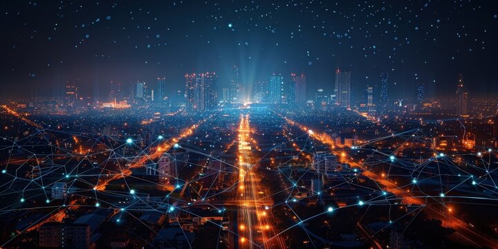Aerial view of a smart city at night, illuminated with wireless signal icons representing connectivity and technology.