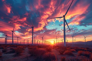 Obraz premium A wind farm with numerous turbines set against a sunset sky, symbolizing renewable energy.