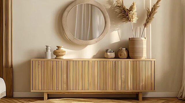 Wooden cabinet with decorative items in modern room