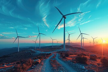 A wind farm with numerous turbines set against a sunset sky, symbolizing renewable energy.