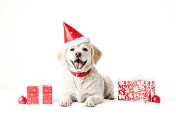 Happy Dog Wearing Santa Hat and Gifts