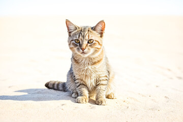 Obraz premium Adorable tabby cat sitting on a sandy beach