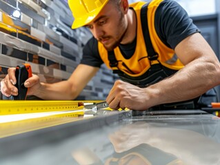 Close-up of a worker using a level to ensure proper placement of a new vanity mirror
