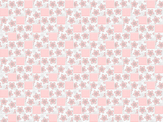 Background of white square tiles with spring flowers and small pink tiles. Ceramic tiles. Elegant endless texture with floral decor. Vector seamless pattern for surface texture, floor and kitchen wall