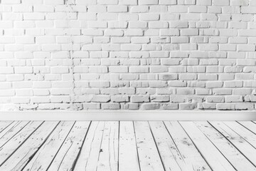 Fototapeta premium Old white brick wall and wooden floor with copy space for your text