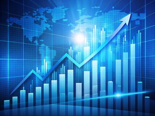 Vibrant blue background featuring a stylized digital chart with an ascending arrow, representing financial growth and success, symbolizing upward market trends and prosperity.