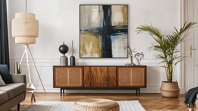 Scandinavian and design home interior of living room with wooden commode, design black lamp, rattan basket, plants and elegant accessories. Stylish home decor. Template