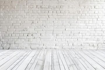 Fototapeta premium Old white brick wall and wooden floor with copy space for your text
