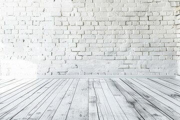 Fototapeta premium Old white brick wall and wooden floor with copy space for your text