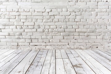Fototapeta premium Old white brick wall and wooden floor with copy space for your text