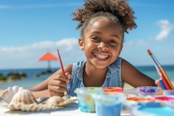 A girl with a big smile paints seashells by the beach during a summer holiday.