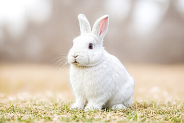 Fototapeta premium Adorable White Rabbit Sitting in Grass