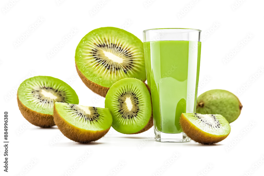 Sticker Freshly Sliced Kiwi with a Glass of Juice