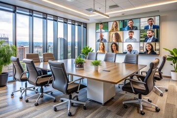 Modern office setup featuring a large screen displaying multiple video conferencing participants during a virtual meeting with empty chairs and a sleek desk.
