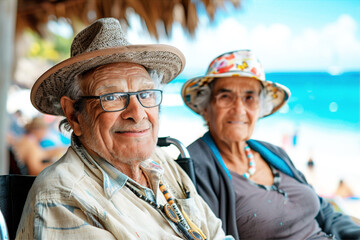 Golden Years at the Beach. Disabled older man and woman enjoying summer