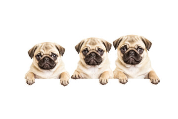 Obraz premium Three Pugs Peeking Over a White Surface