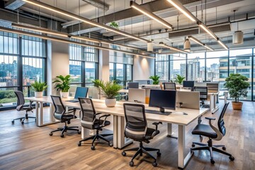 Fototapeta premium A deserted modern office space with sleek desks, ergonomic chairs, and state-of-the-art technology, eerily devoid of human presence, symbolizing the shift to remote work culture.