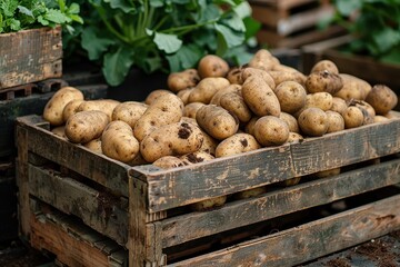 A wooden crate filled with freshly harvested potatoes, with soil still clinging to their skins. 