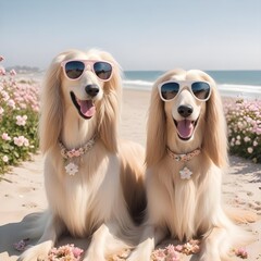 Afghan hound dogs adorned in sleek rectangular sunglasses enjoying the sunshine on a picturesque beach with a profusion of blooming flowers