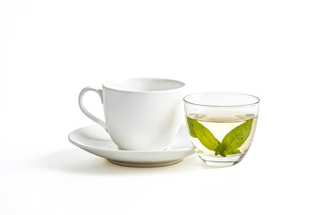 Fototapeta premium A White Cup and Saucer with a Glass of Green Tea