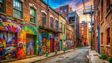 Fototapeta premium Vibrant urban streetscape with graffiti-covered buildings, colorful paint signs, and eclectic street art adorning worn brick walls and rusty metal gates.