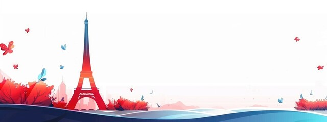 banner in blue white red colors with elements of the Eiffel Tower with background and copy space