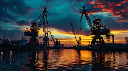Fototapeta premium Dusk in the harbor of a northern metropolis, with illuminated dock equipment and vessels.