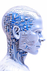Realistic Artificial intelligence. Computer mind connections head. Human 3D head with circuit board inside. Engineering concept. Technology web background. Virtual concept