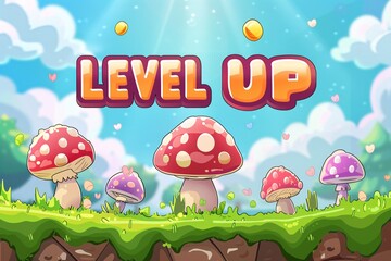 Premium 3D cartoon template for a text-based game interface with a LEVEL UP feature.