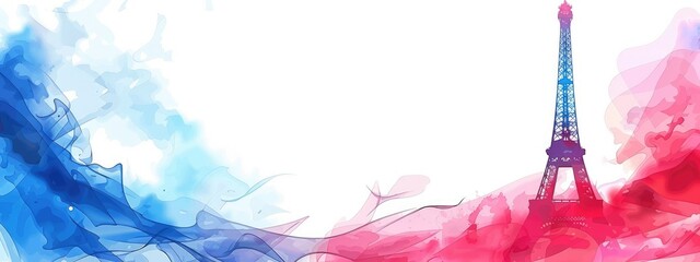 banner in blue white red colors with elements of the Eiffel Tower with background and copy space
